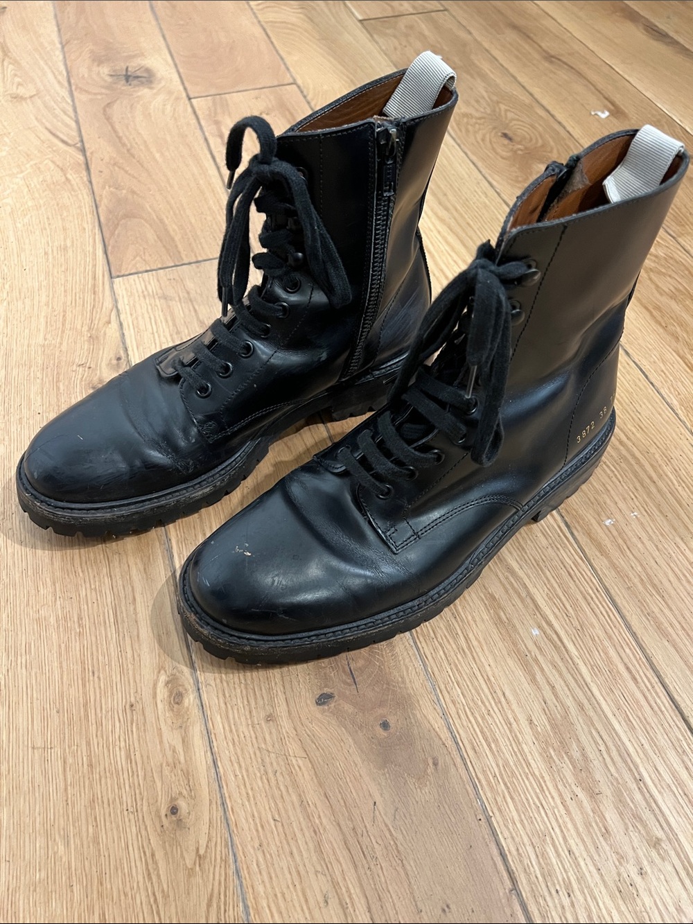 Common Projects Black Leather Lace-Up Zipper Boots